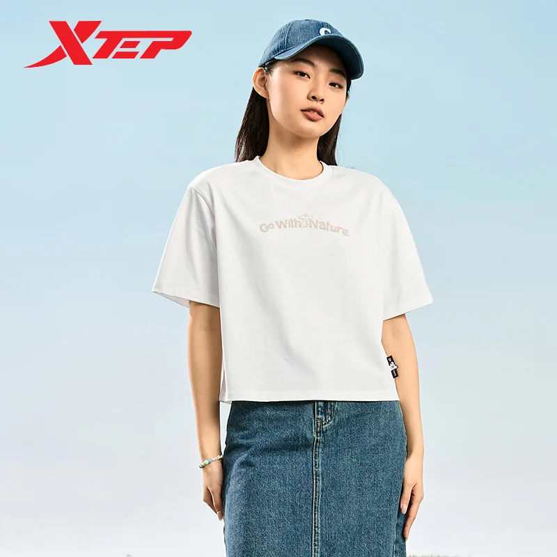 Xtep 여성용 반팔 니트 셔츠, 2024 용수철 편안한 여성 티셔츠, 통기성 패션 야외 상의, 876128010037